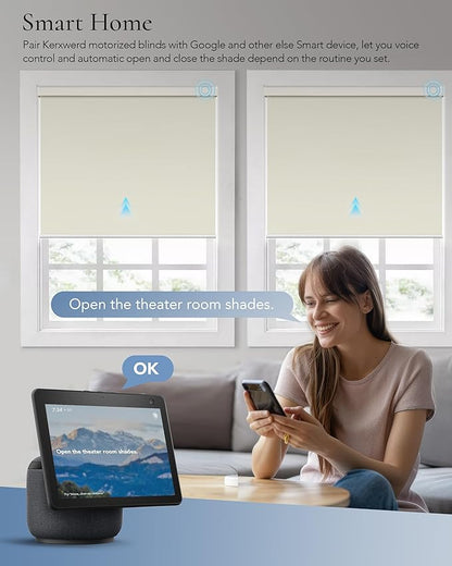 Motorized Blinds Compatible with Alexa Google Custom to 115" Width 100% Blackout Smart Blind Automatic Large Window Roller Shades Remote Control Vinyl Beige
