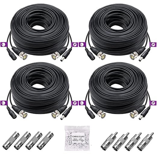 4 Pack 100Ft/30M 4K 8MP 5MP All-in-One BNC Video Power Cable, BNC Extension Surveillance Camera Wires for CCTV Camera DVR Systems (8pcs Connectors, 100pcs Cable Clips Included)