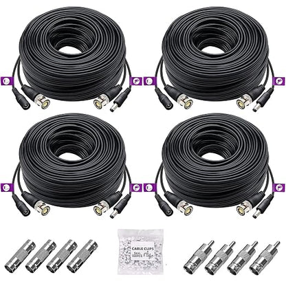 4 Pack 100Ft/30M 4K 8MP 5MP All-in-One BNC Video Power Cable, BNC Extension Surveillance Camera Wires for CCTV Camera DVR Systems (8pcs Connectors, 100pcs Cable Clips Included)