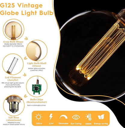 Globe Decorative Light Bulbs Warm, Oversized Vintage Edison Dimmable LED Bulb, 3.5W Low Lumen Eye-Caring Soft Dim Lighting for Mood(Not Daylight White), E26 Medium Base, Amber RN G125