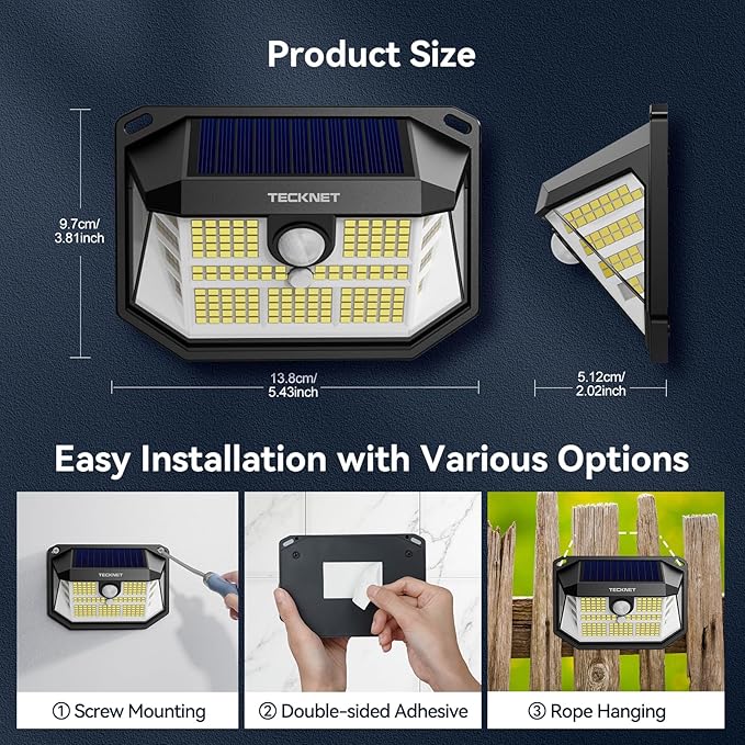 TECKNET 231 LED Solar Motion Lights Outdoor, 300° Angle & 3 Lighting Modes, PIR Motion Sensor & IP65 Security Solar Wall Lights for Fence Front Door Yard Deck Garden Garage(4 Pack)