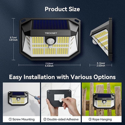 TECKNET 231 LED Solar Motion Lights Outdoor Waterproof, 10 Pack 300° Angle & 3 Lighting Modes PIR Motion Sensor Security Solar Wall Lights IP65 for Fence Front Door Yard Deck Garden Garage