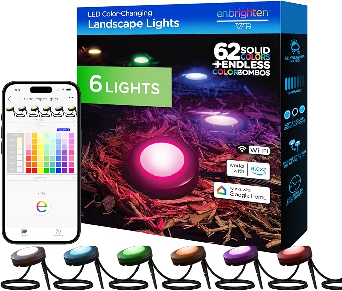 Enbrighten Landscape Lighting, 50ft, 6 Lights, Smart | Color Changing LEDs, Waterproof, Plastic Stakes, 10ft Spacing for Flexible Install, All-in-One Garden & Path Lighting Kit