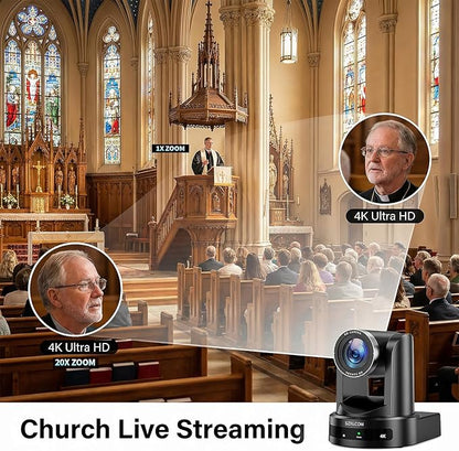 4K PTZ Camera for Conference Room & Church, 20X Optical Zoom, HDMI SDI USB LAN, AI Auto Tracking Camera for Live Streaming
