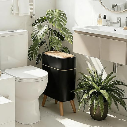 suyika Automatic Trash Can, 2.6 Gallon/10L Bathroom Trash Can with Lid - Wood Grain Lid and Legs, Touchless Waterproof Garbage Bin for Bedroom, Bathroom, Office, Living Room