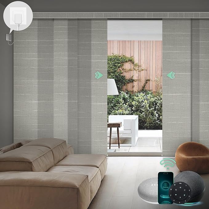 Yoolax Custom XL Smart Sliding Door Blinds, Motorized Sliding Panel Blinds Compatible with Alexa, Light Filtering Vertical Blinds for Glass Doors, Patio Doors, Closet Doors, Half Shading Woven Dune