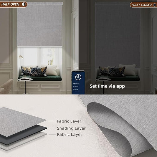 Motorized Blinds Roller Shade with Remote: Canisteo Automatic Smart Blind for Windows 100% Blackout, Electric Blinds Compatible with Alexa/Google Home/Apple Homekit, Customized Size, Neat Light Grey
