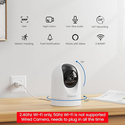Cinnado Security Camera Indoor-2K 360° WiFi Cameras for Home Security，Pet/Dog/Baby Camera with Phone app, 2-Way Audio, Night Vision, 24/7 SD Card Storage, Works with Alexa & Google Home (2.4Ghz)-D1