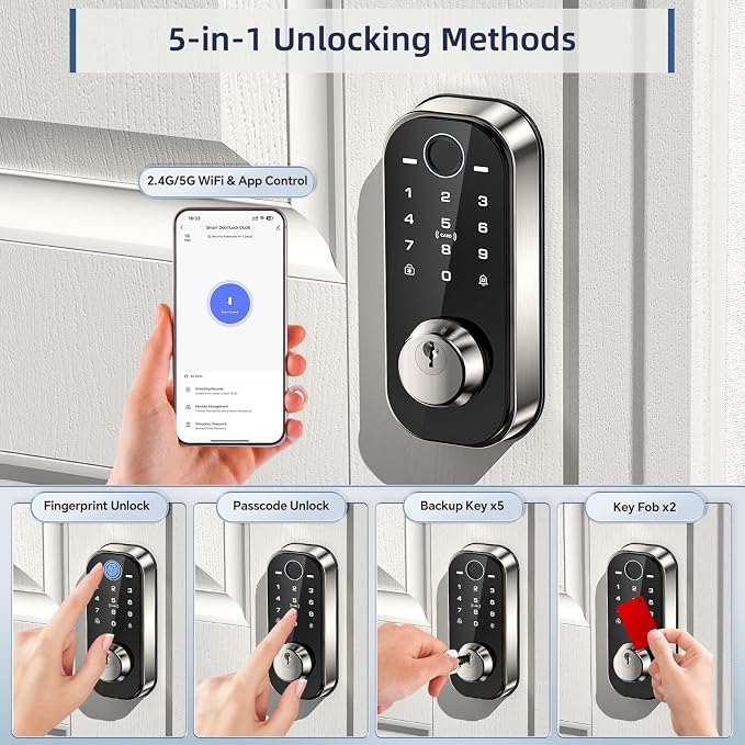 Ulecoce DL08 Fingerprint Smart deadbolt with with App Control, Satin Nickel | 5‑in‑1 Smart Deadbolt with Remote Control, Auto‑Lock, Touchscreen Keypad, 5 Keys & 2 Fobs, USB‑C Port, ANSI Grade 3 Security