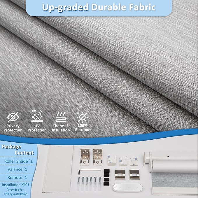 Smart Motorized Blinds with Remote, Cordless No-Drill Automatic Roller Shades, Blackout Electric Blind for Windows, Grey, 48 x 72
