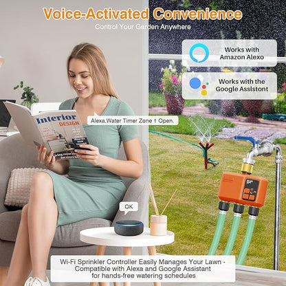 WiFi Sprinkler Timer 3 Zone, Smart Water Timer with Brass Inlet & Outlet