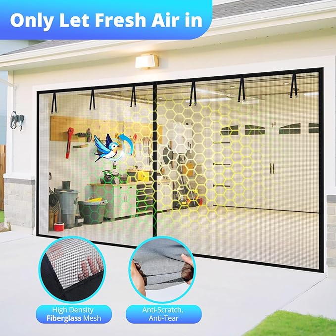 Garage Door Screen For 2 Car 18x8FT, Magnetic Screen Garage with Retractable Fiberglass Mesh and Heavy Duty Weighted Bottom, Easy Assembly & Pass, Hands Free Screen Door w/ 40 Magnets for Garage/Patio