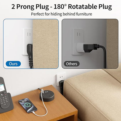 2 Prong Power Strip with 10ft Extension Cord, NTONPOWER 1875W/15A, 180° Rotating Plug, 2 Prong to 3 Prong Outlet Adapter, Wall Mountable, 3 AC Outlets & 2 USB A & 2 USB C, Ideal for Older House Office