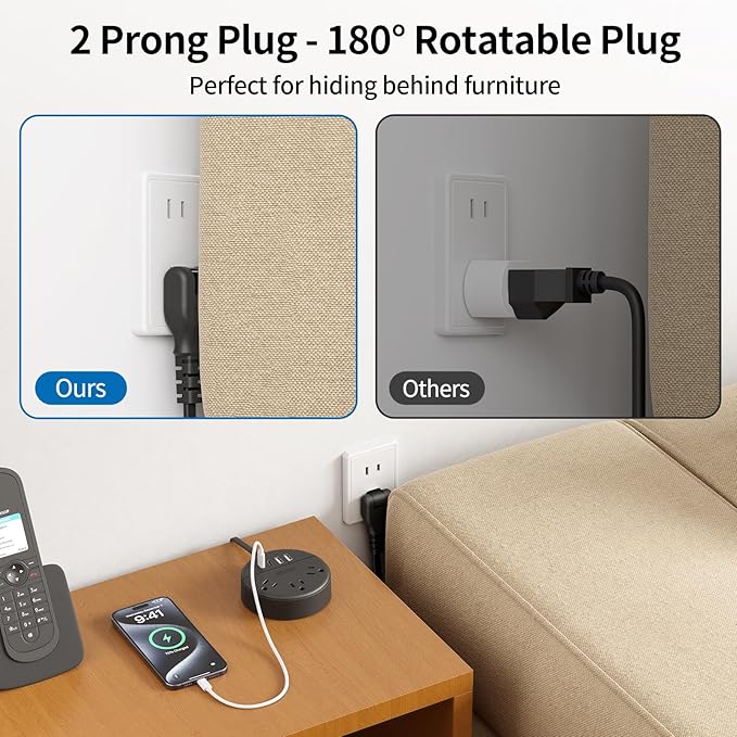 NTONPOWER 2 Prong Extension Cord 15ft, 1875W/15A 2 Prong Power Strip, 2 Prong to 3 Prong Outlet Adapter with Rotatable Plug, 3 AC Outlets 4 USB(2 USB C), Wall Mount, Ideal for Older House, Home Office