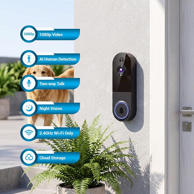 ClipBlur 1080p Wireless Wi-Fi Video Doorbell Camera with Night Vision, Pet Camera, Two Way Audio, 2.4G WiFi Only, AI Motion Detection and Cloud Storage (Sold Separately)