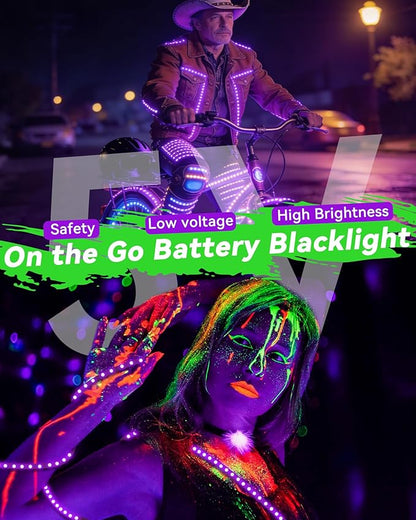 16.4FT Black Light Strip with USB Plug + Battery Box, Adhesive 300LEDs Blacklight Fixture, Battery & USB Operated for Glow Neon Party Birthday Glass Cabinet Fluorescent Poster Fishing Boat