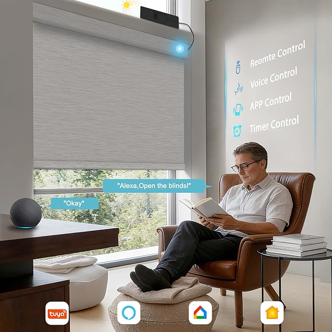 BERISSA Smart Motorized Blinds with Remote,No Drill Automatic Roller Blinds for Indoor Windows,Blackout Linen Fabric,Electric Shades for Windows Home Office,Maze White,Custom Size