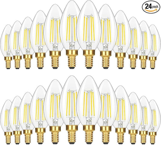 24 Packs E12 Candelabra LED Light Bulbs 60 Watt Equivalent, 5000K Daylight White 6W 630LM Dimmable Chandelier Light Bulb, Vintage LED Filament Clear Glass Candle Light Bulbs, 90+ CRI, No Flicker