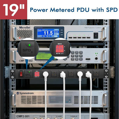 Metered PDU 19 Inch, 7 Outlets Rack Mount Power Strip PDU, SPD, 125V 15A 1U Rackmount Surge Protector Power Strip with OLED Screen Amp Voltage Power Display