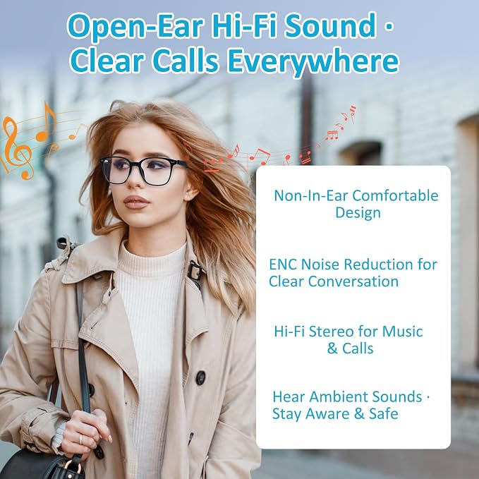 Smart Audio Glasses, Open Ear Bluetooth Sunglasses with Anti-Blue Light and UV Protection Lenses, Wireless Hands-Free Calling and Music for Driving, Business and Daily Wear