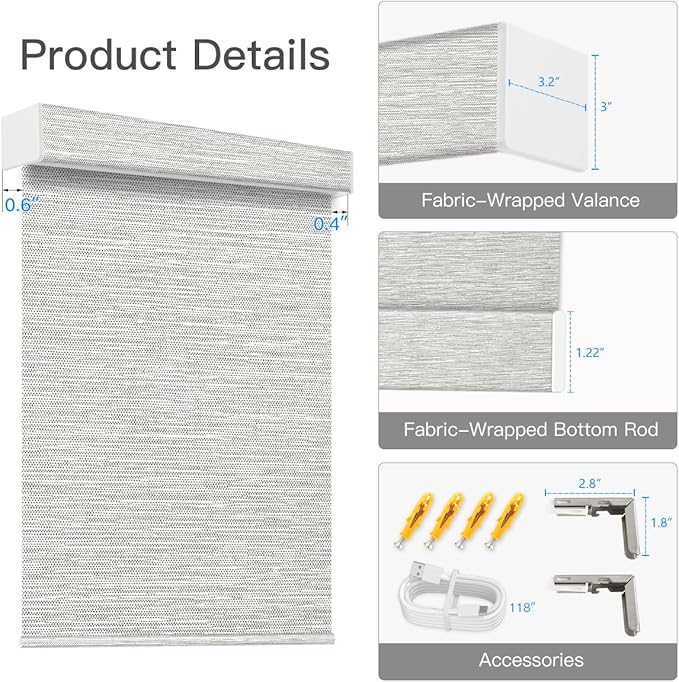 Tokblind Motorized Light Filtering Roller Shade Fabric Covered Valance and Bottom Rod, Remote Control Electric Window Blind Compatible with Alexa via Hub, Custom Size (Texture Grey - Wrapped Fabric)