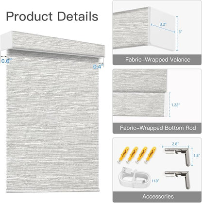 Tokblind Motorized Light Filtering Roller Shade Fabric Covered Valance and Bottom Rod, Remote Control Electric Window Blind Compatible with Alexa via Hub, Custom Size (Texture Grey - Wrapped Fabric)