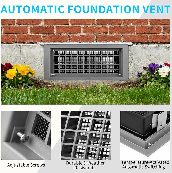 Crawl Space Foundation Vent Cover Automatic 8x16 Inch, Gray 10 Pack | Auto Open/Close at 40°F-70°F, Freeze Protection & Energy Saving, DIY Replacement for House, Mobile Home & Skirting, Plastic