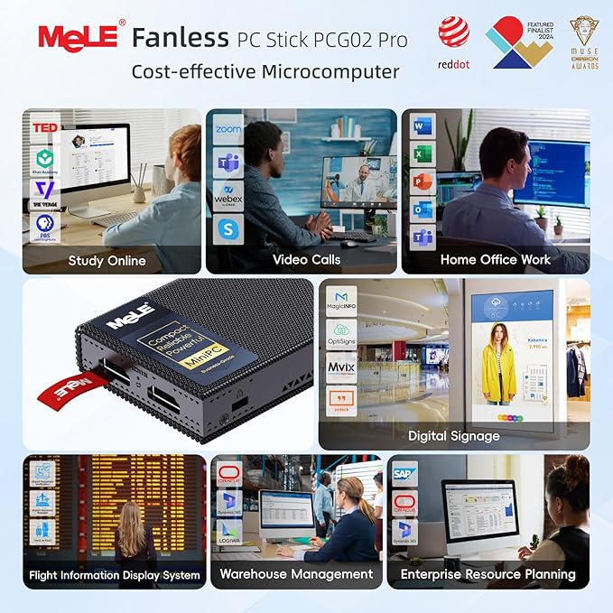 MeLE PCG02 Pro Fanless N100 Mini PC Stick 8GB LPDDR4x 128GB eMMC Win11pro Slim Micro Computer Stick Dual HDMI 4K Display WiFi 5 BT5.1 GbE, Support PD3.0 Protocol, on IoT, Digital Signage, MES, WMS