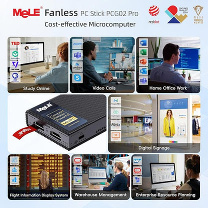 MeLE PCG02 Pro Fanless N100 Mini PC Stick 8GB LPDDR4x 128GB eMMC Win11pro Slim Micro Computer Stick Dual HDMI 4K Display WiFi 5 BT5.1 GbE, Support PD3.0 Protocol, on IoT, Digital Signage, MES, WMS