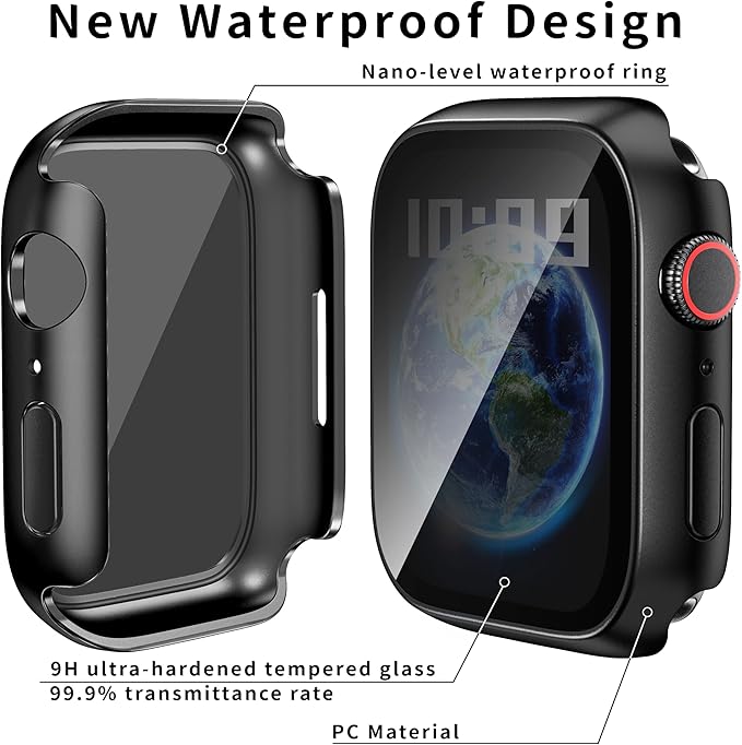 Waterproof Privacy Case Compatible with Apple Watch Series 9/8/7 45mm with Anti-peep Screen Protector, iWatch Face Cover Protective Bumper for iWatch Case 45mm Black