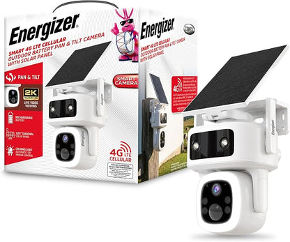 Energizer Smart 4G LTE Cellular Security Camera with Solar Panel, 2K Outdoor Wireless Pan Tilt Camera, No WiFi Required, Rechargeable Battery, Color Night Vision, Motion Detection, White