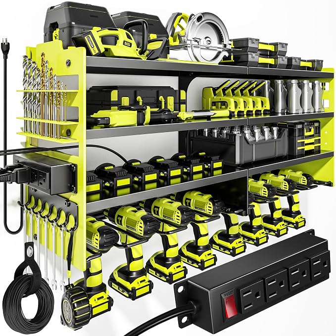 POKIPO Upgrade Power Tool Organizer Wall Mount with Charging Station,4 Layer Heavy Duty Metal Storage Rack Loads 600lbs with 8 Cordless Drill Holder,4 Outlet Power Strip Battery Utility Rack for Man