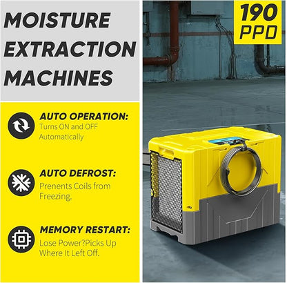 190PPD Commercial Dehumidifier with Pump for Basement-6000Sq.Ft. Warehouse, Large Space Crawl Space Dehumidifier for Efficient Water Damage Restoration-Auto Defrost, Memory Starting, Yelow