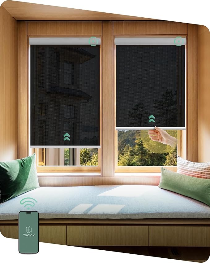 Yoolax Motorized Shades Dual Control, MotionFlex Motorized Solar Shades with App & Manual Control, Fireproof Waterproof Automatic Blinds for Indoor Windows, Custom Size (5% Openness Black)