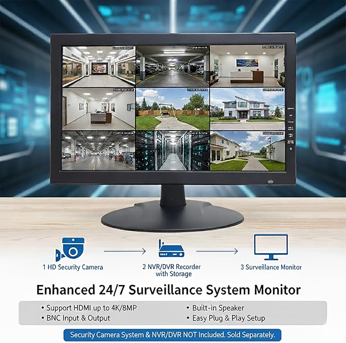 1stPV Precision 18.5" Scaled 4K Security LED Monitor, Super Sampling Anti-Aliasing (SSAA) for Ultra-Smooth, Pixel-Perfect Detail, HDMI Scaled 4K/8MP, BNC In/Out, VGA, Ideal for DVR 24/7 Surveillance
