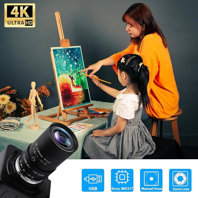 SVPRO 4K Ultra HD Webcam USB Digital Industrial Camera with CS Mount 5-50mm Telephoto Zoom Manual Lens UVC Free Drive,10X Optical Zoom Video Camera with Sony IMX317 Sensor