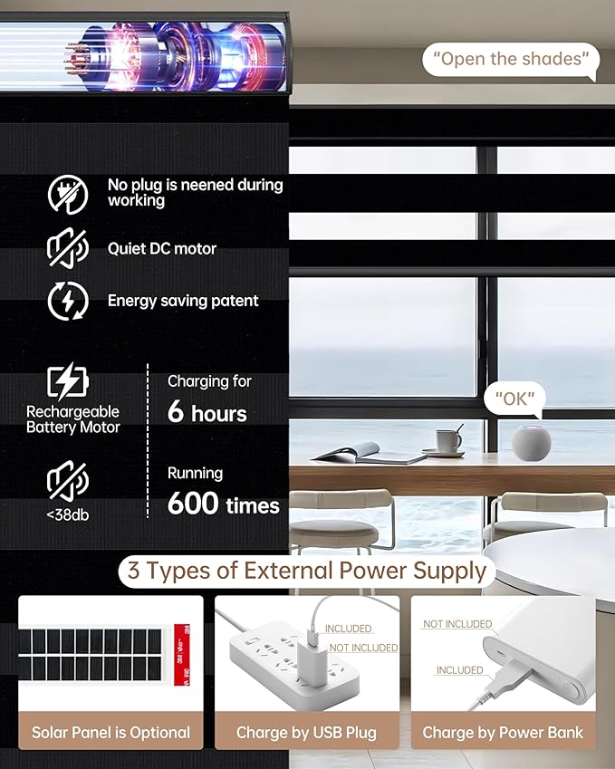 Kincmo Motorized Blinds with Remote, Motorized Zebra Shades Work with Apple Homekit,Alexa,Google Home, Customized Electric Blinds with Remote,App,Voice Control (100% Blackout Gentle Black)