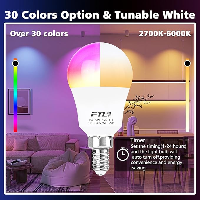 FTL E12 LED Light Bulb Color Changing, 5W 40W Equivalent A15 RGB Light Bulb with Remote Control, Warm White to Daylight White 2700K-6000K, 30 Colors RGB E12 LED Bulb Dimmable,Timer, 2 Modes,6-Pack