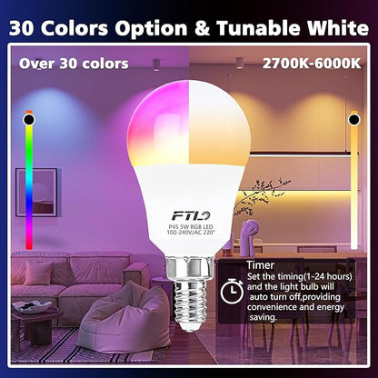 FTL E12 LED Light Bulb Color Changing, 5W 40W Equivalent A15 RGB Light Bulb with Remote Control, Warm White to Daylight White 2700K-6000K, 30 Colors RGB E12 LED Bulb Dimmable,Timer, 2 Modes,6-Pack