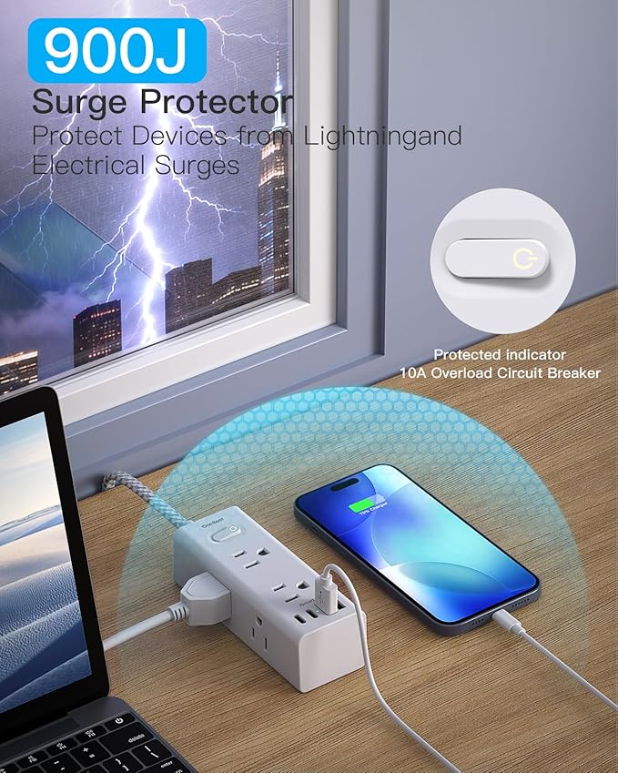 Flat Plug Extension Cord 15Ft, One Beat Surge Protector Power Strip 15 Ft Cord with 6 Widely Outlets 4 USB Ports (2 USB C), 3 Way Wall Outlet Extender Extension Cord for Home Office College Dorm Room