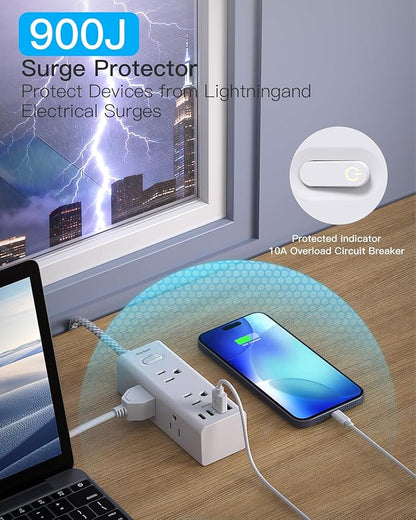 Flat Plug Extension Cord 15Ft, One Beat Surge Protector Power Strip 15 Ft Cord with 6 Widely Outlets 4 USB Ports (2 USB C), 3 Way Wall Outlet Extender Extension Cord for Home Office College Dorm Room