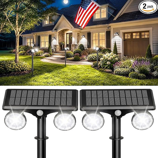 Solar Spot Lights Outdoor Waterproof 2Pack,2 Modes Motion Sensor Landscape Lighting for Outside Yard Garden Pathway,2-in-1 Wall&Spot LED Lights with 360° Adjustable Dual Heads(Cool White)