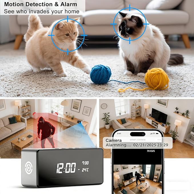 Hidden Camera Clock 4K HD WiFi, Wireless Camera with Night Vision Motion Detection, Nanny Cam for Home Security Indoor, Remote Live Stream Surveillance Camera