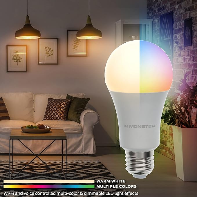Monster Multi-Color and Warm-White LED Light Bulb, 16,000,000 Lighting Possibilities, Customizable with App, Compatible with Alexa/Siri/Google Assistant, Wi-Fi Enabled, 1-Pack, 9 watt