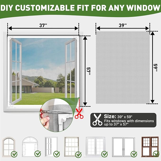 HOFUDON Window Screen Adjustable Magnetic Window Screen Replacement Max 39” x 59”, DIY Fiberglass Mesh Window Screens for House Windows White Frame Grey Mesh