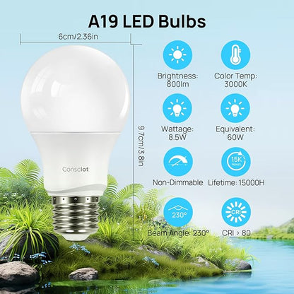 Consciot A19 LED Light Bulb,60W Equivalent,8.5W 3000K Warm White,E26 Base,800 Lumens Non-Dimmable,Energy Efficient LED Light Bulbs,UL Listed for Home Lighting,5-Pack
