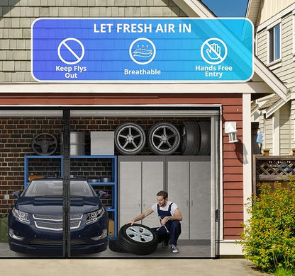 Garage Door Screen For 1 Car 10x8FT, Magnetic Screen Garage with Retractable Fiberglass Mesh and Heavy Duty Weighted Bottom, Easy Assembly & Pass, Hands Free Screen Door w/ 40 Magnets for Garage/Patio