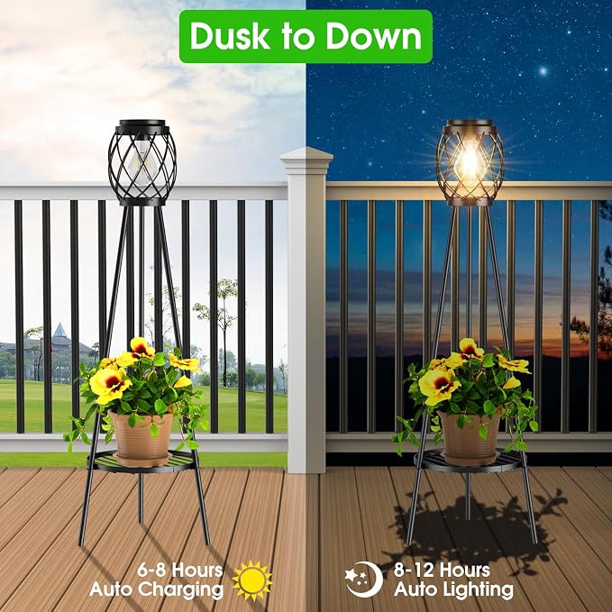 MXwcy Solar Floor Lamp with Plant Stands，Solar Lights Outdoor with Vintage LED Edison Bulbs, Weatherproof Garden Lights for Pathway, Patio, Yard, 8-10 Hours Lighting, IP55 Waterproof
