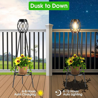 MXwcy Solar Floor Lamp with Plant Stands，Solar Lights Outdoor with Vintage LED Edison Bulbs, Weatherproof Garden Lights for Pathway, Patio, Yard, 8-10 Hours Lighting, IP55 Waterproof