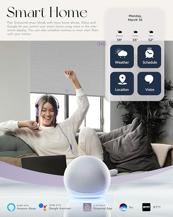 Graywind Smart Blackout Roller Shades for Alexa Google Textured Gleaming Fabric Rechargeable Motorized Blinds Cordless Remote Control Window Shades, Custom Size (Striped Light Grey) (GW-QZYM-TH00)